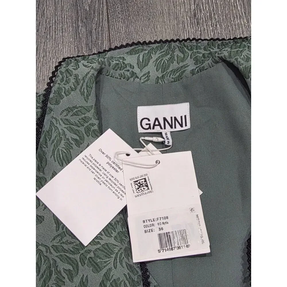 GANNI Organza Mini Dress Size 36 Myrtle Jacquard Balloon coquette fairy A004055 - Picture 8 of 13